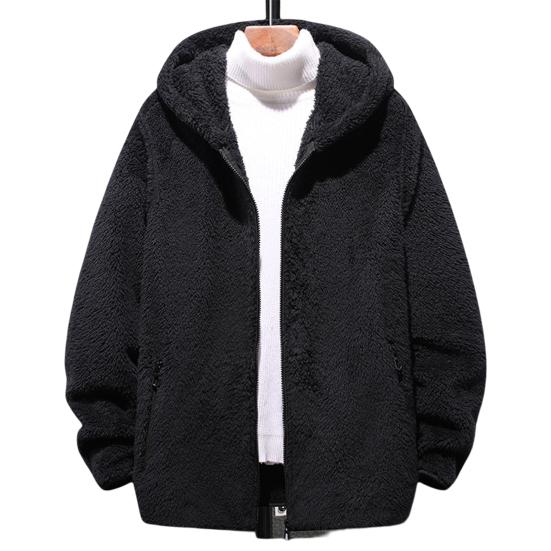 Men Winter Coat Plush Zipper Hooded Solid Color Soft Cold-proof Thicken Plus Size Autumn Coat for Outdoor