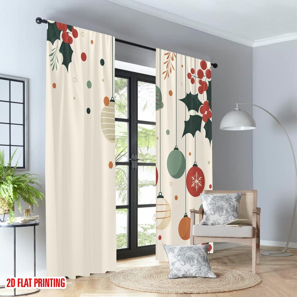 2pcs 2D Flat Printing Merry Christmas Curtains Christmas Ornament Holly Festive Digital Printed Polyester Drapes Birthday Party