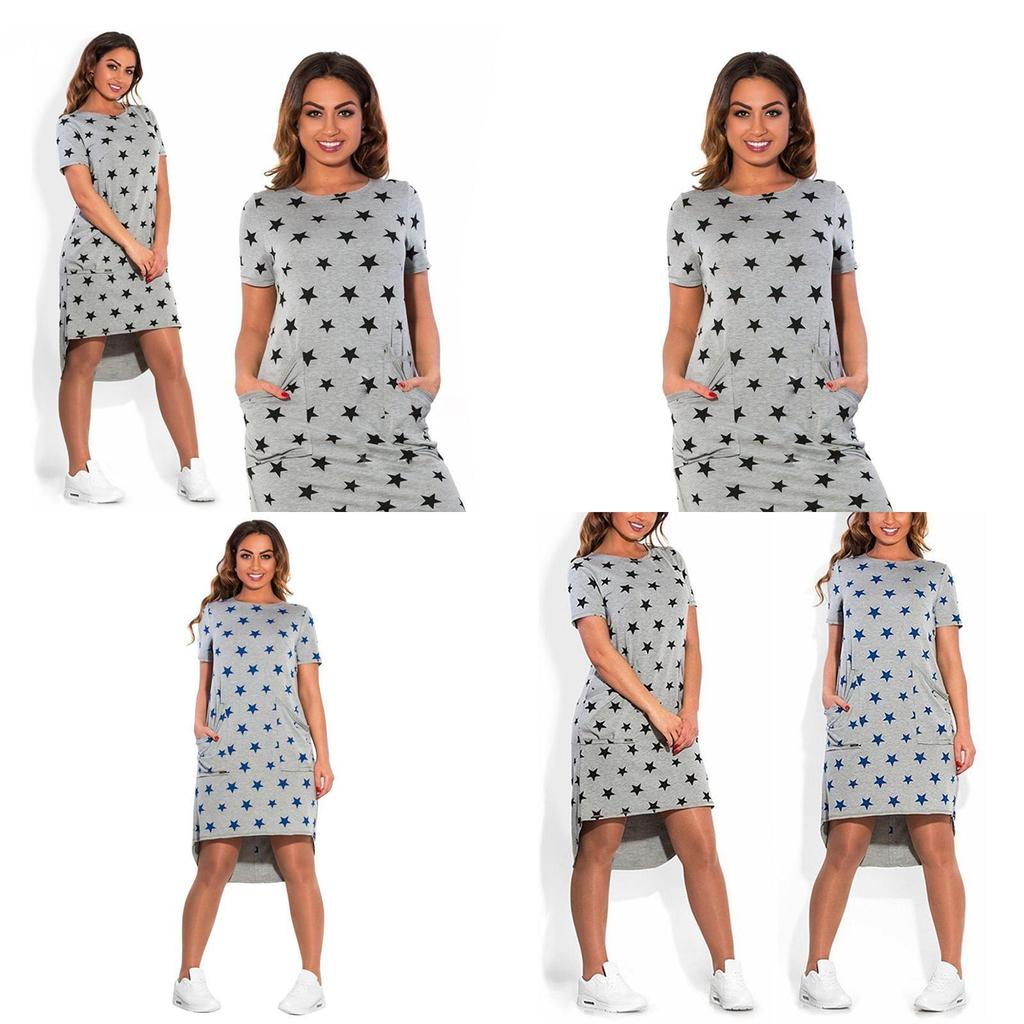 Summer Women Stars Printed Clothing Loose Fit Knee-length Casual Dress In Cotton Blend