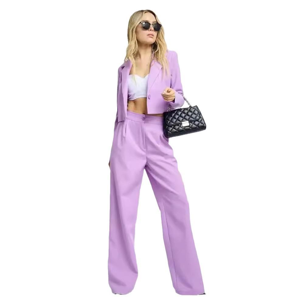 Women's Light Khaki Short Blazer and Wide-Leg Trousers Set