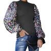 Women Autumn Winter Mock Neck Sequins Patchwork Long Puff Sleeve Blouse Shirt Top