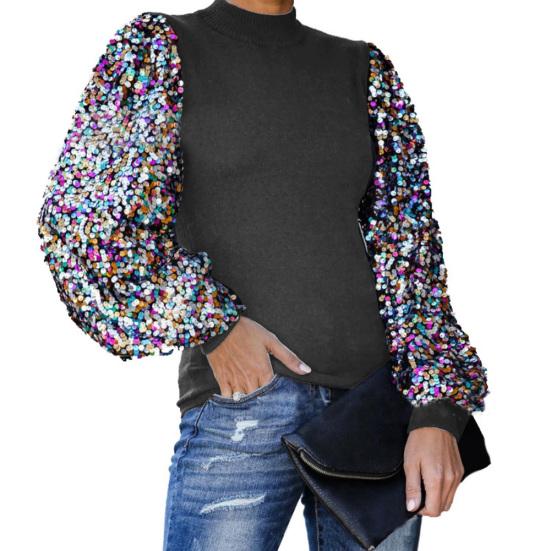 Women Autumn Winter Mock Neck Sequins Patchwork Long Puff Sleeve Blouse Shirt Top