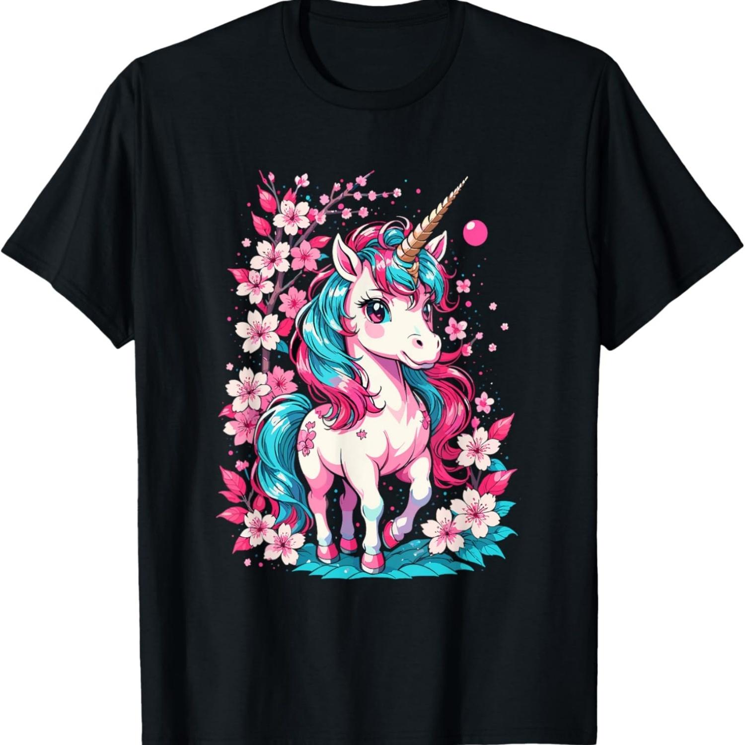 Kawaii Unicorn  Cherry Blossom Sakura Cute Unicorn T-Shirt S чёрный