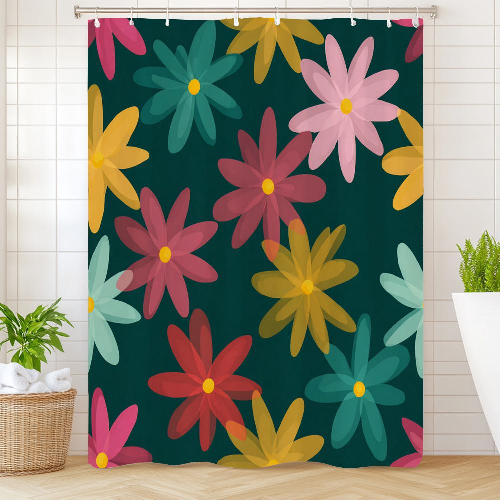 

1Pc Nordic Flowers Print Waterproof Shower Partition Privacy Hanging Curtain 12 Hooks Multi Size Decoration Machine Washable W60H190(CM)-1 Pcs