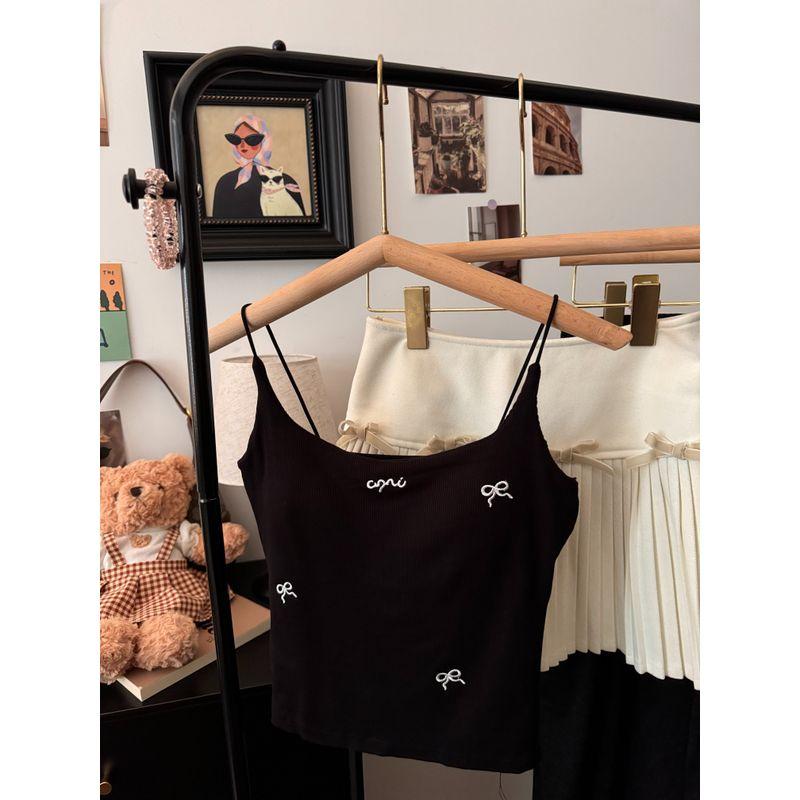 Kumikumi Pure Desire Style Bows Brushed Camisole Women's Autumn Retro with Chest Pad Short Inner Tops