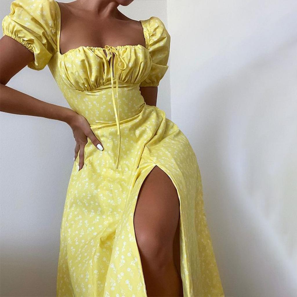 Women's Square Neck Puff Short Sleeve Maxi Dress Slim Fit High Waist Elegant Floral Print Side Slit Dress