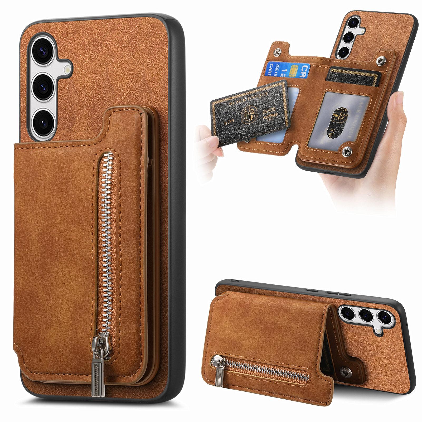 

For Samsung Galaxy S25 Case Magnetic Detachable Zipper Card Holder Leather Phone Back Cover Brown