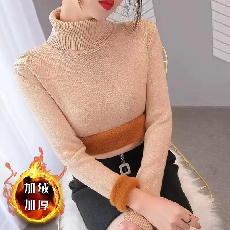 Autumn and Winter High-neck and Fleece Sweaters, Women's Thickened One-piece Velvet Knitwear, with a Slim Mink Bottom Thermal Top