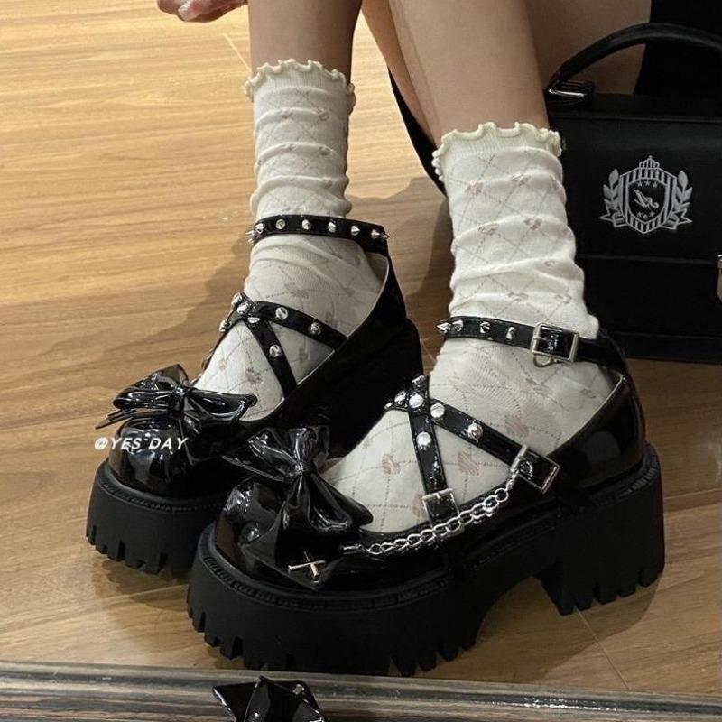 Punk Style Lolita Shoes Fashionable Rivet Design Shallow Mouth Leather Shoes for Women Summer Bow Thick Soled Tall Single Shoes
