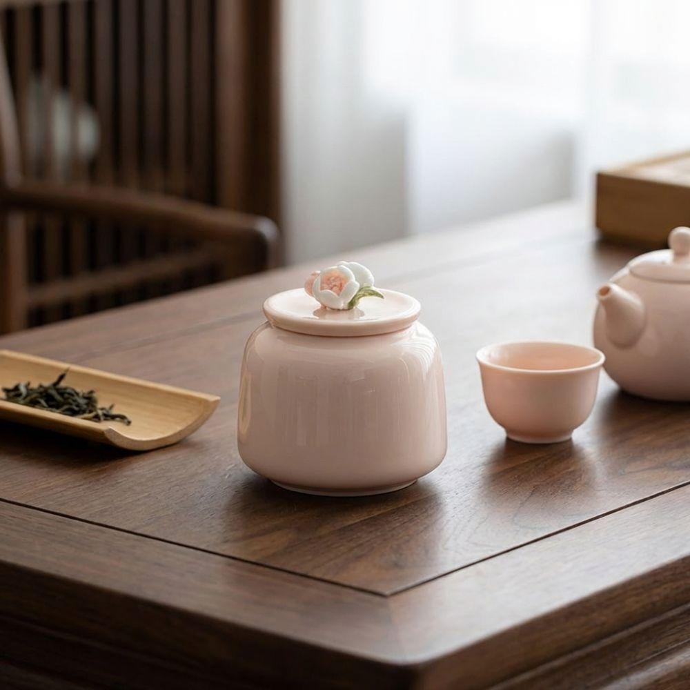 Pink Ceramic Tea Jar Flower-Patterned Tea Packaging Box Tea Container Tea Tin Can  Tea Ceremony