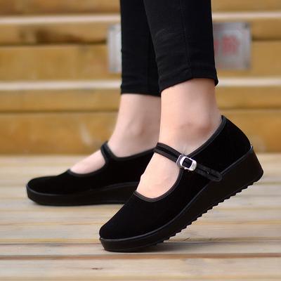 Sapatos de tecido com salto plataforma ultraleves, para garçom de hotel, faxineiro, sapatos pretos, sapatos de tecido com fivela de uma tira