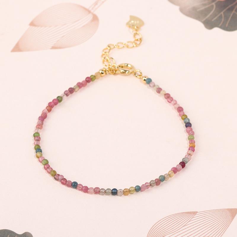 

Natural Rainbow Tourmaline Slim Beaded Bracelet Dainty Colorful Stone Wrist Jewelry for Women 2mm