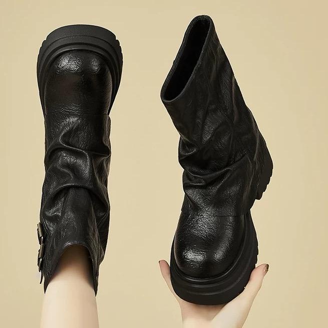 Fashion Ankle Women Boots Platform Chunky Fashion Shoes Elegant 2025 Winter New Pleated Chelsea Leather Shoes Woman Party Pumps Botas