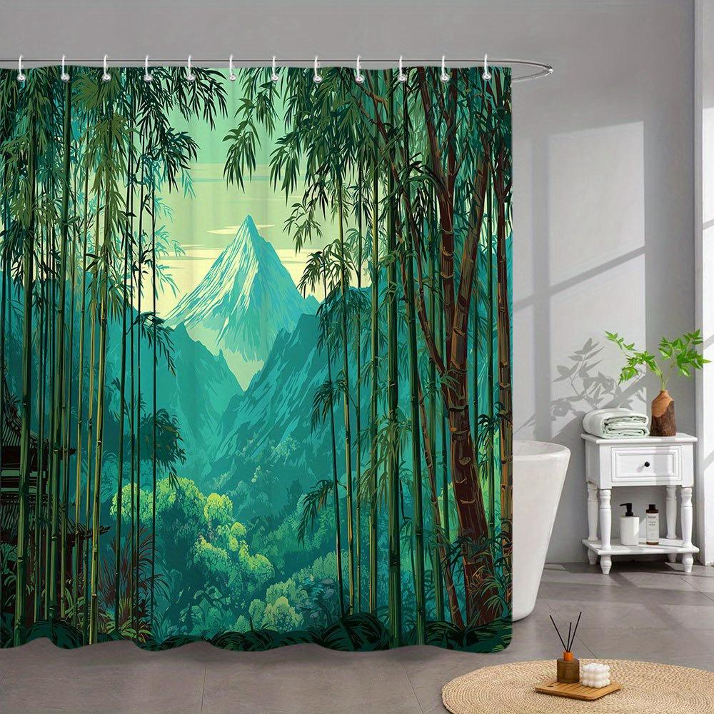 1pc Serene Bamboo Forest Shower Curtain - Japanese Style with Snow-Capped Mountain & Pastel Sky, Zen Bathroom Decor, Includes