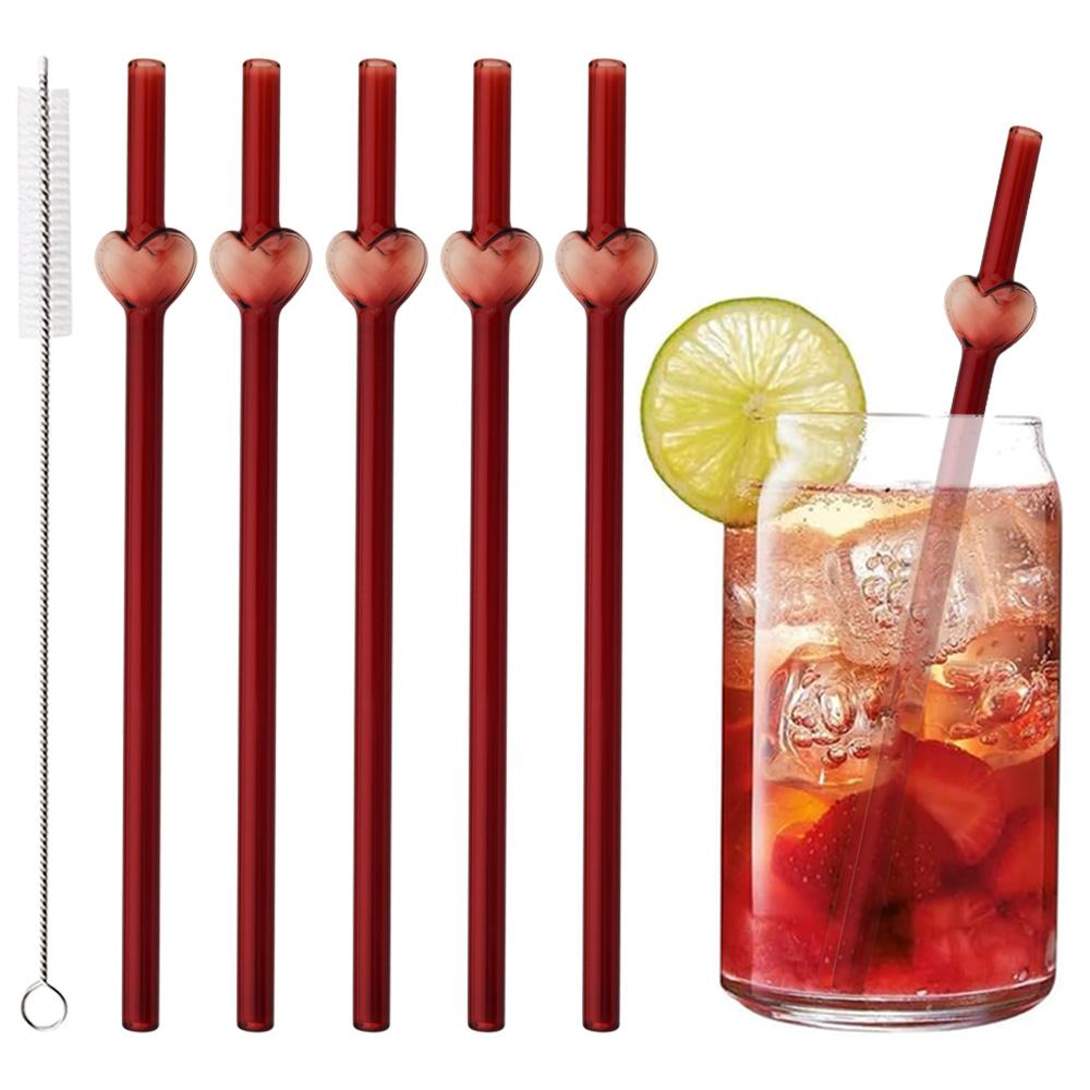 5Pcs Glass Straws Reusable Cute Heart Glass Straws 7.8 In*8mm Red Eco-friendly Glass Straws with 1 Cleaning Brush