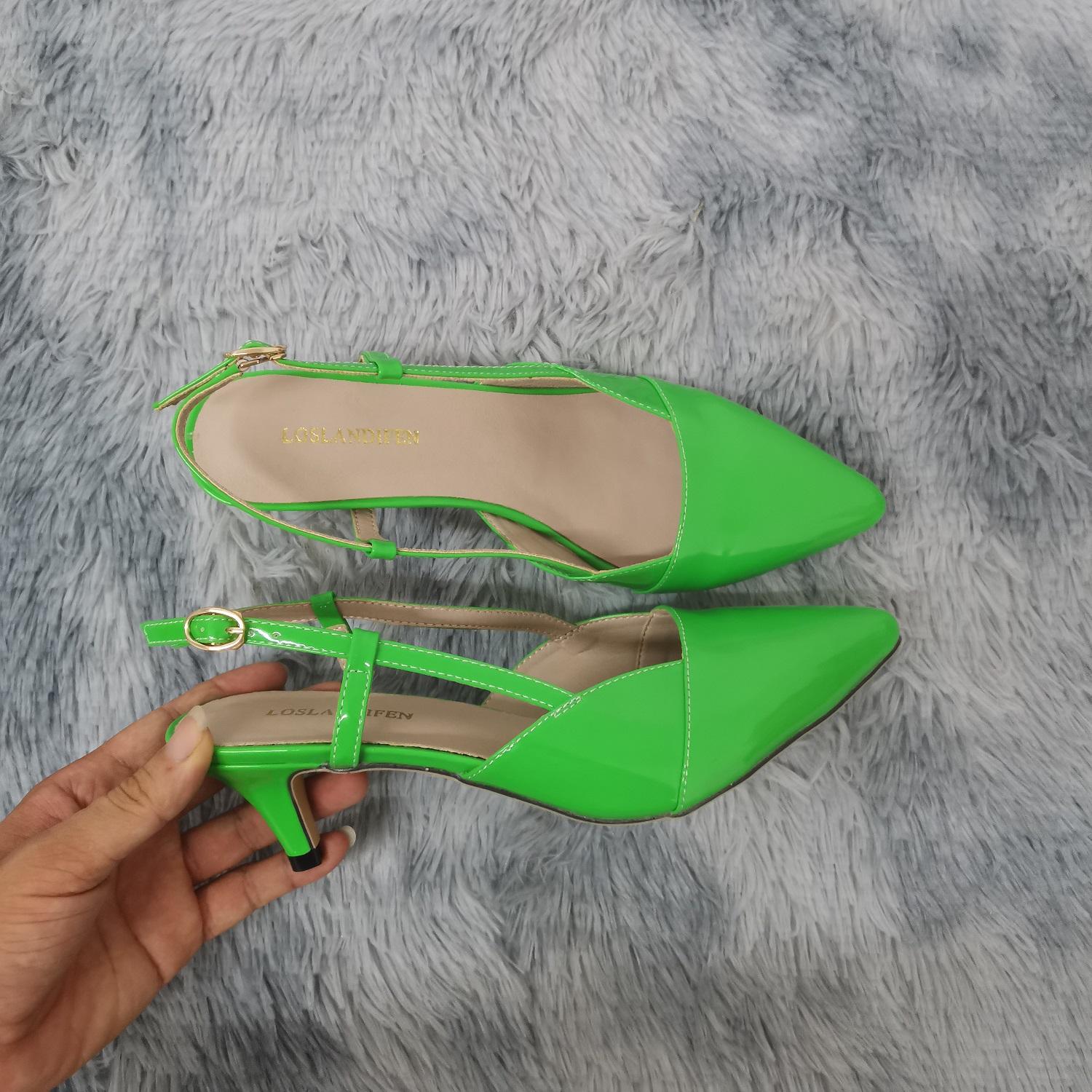 

Женские сандалии, пикантные летние босоножки на тонком каблуке 5 см, с низким острым носком, на высоком каблуке с пряжкой и ремешком, элегантные красные, черные женские туфли телесного цвета 39 зелёный