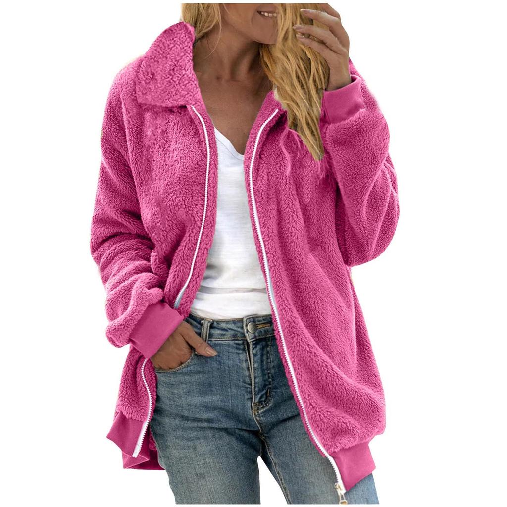 Women's Casual Color Loose Plush Zippered Flip Collar Jacket With Pockets