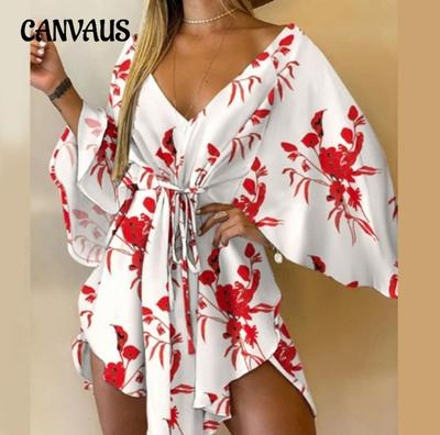 Summer Women's Sexy V-Neck Irregular Bat Sleeve Tie Dress