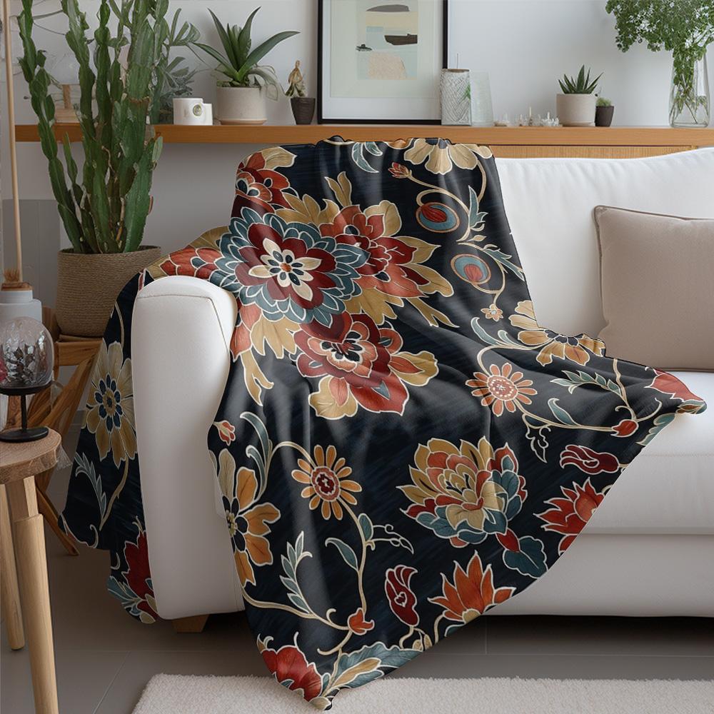 Dark Floral Embroidered Fleece Blanket Sofa Bed Throw Decorative Bedspread Warm Cozy Gift