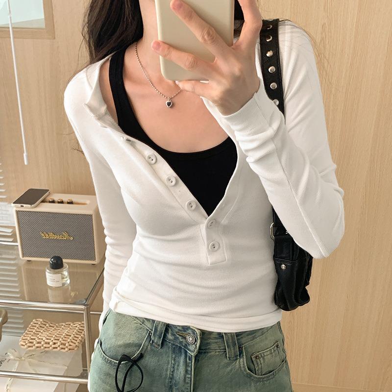 White Base Shirt Women's Autumn Thread Versatile Top Solid Long Sleeved T-shirt