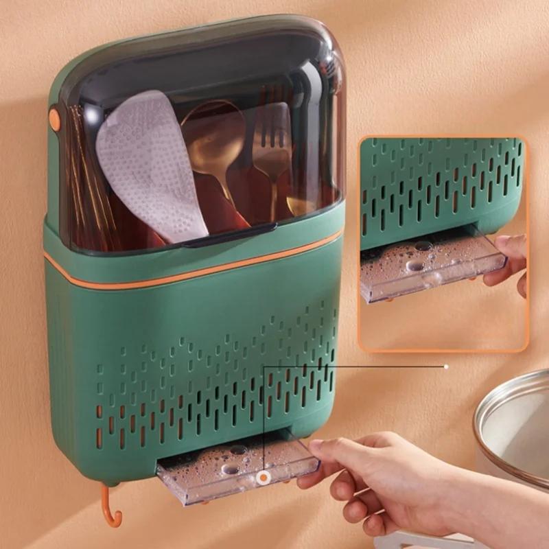 Multi-functional Dustproof Chopstick Holder Wall-Mounted Cutlery Holder Kitchen Knife Fork Spoon Container with Lid for Drainage
