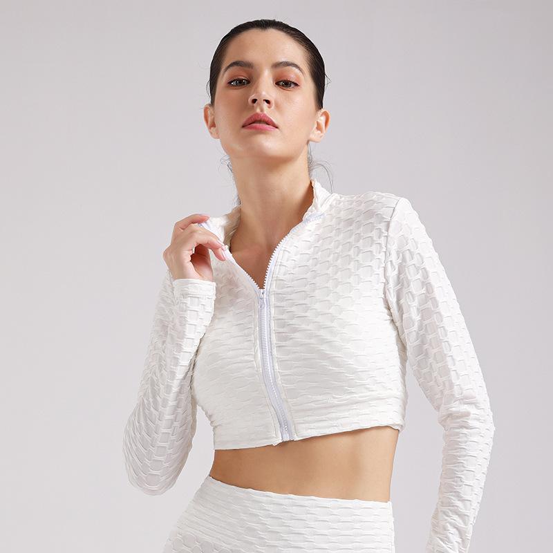 Letní 2ks sportovní oblek Ženy Sportovní oblečení Jednobarevné Ananasová mřížka Dlouhý rukáv Zip Kabát Šortky Set Dlouhý rukáv Sportovní oblečení