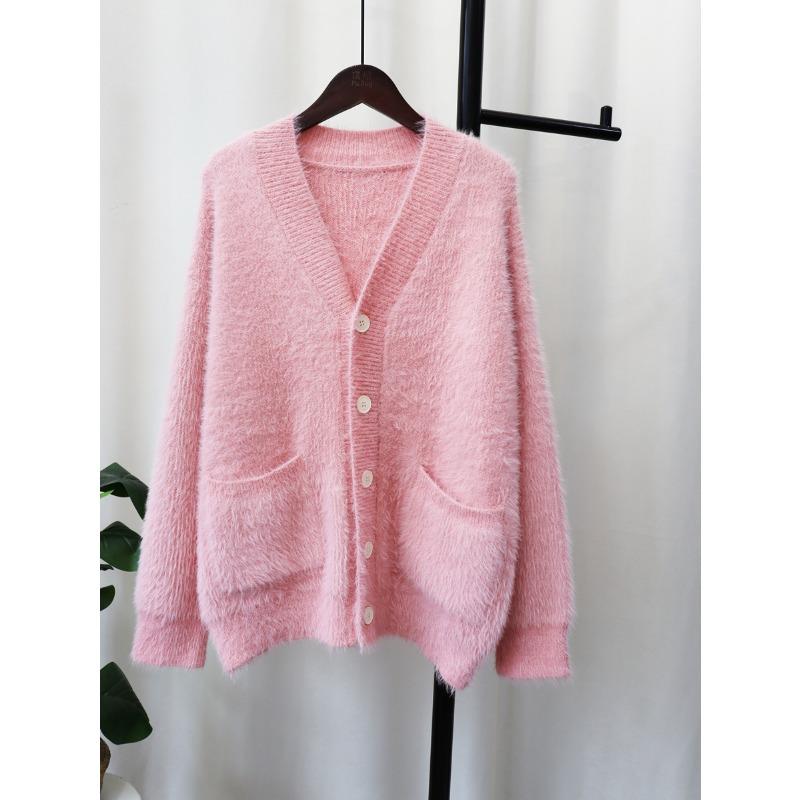 Imitation mink velvet knitted cardigan women's loose V-neck versatile solid color autumn and winter new sweater jacket thick