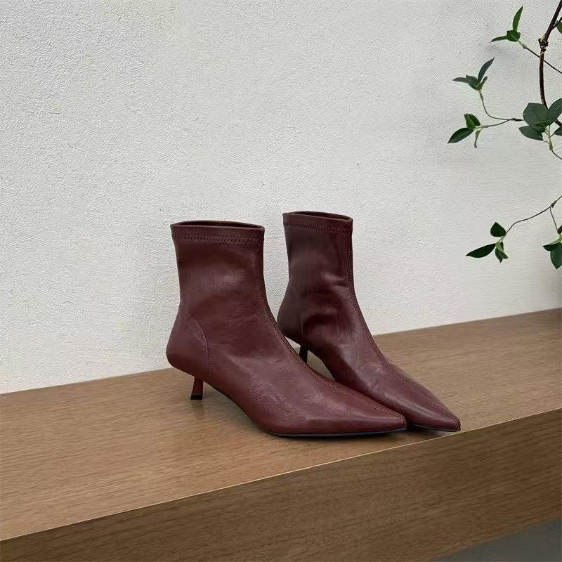 Pointed thin high heel elastic sleeve thin short boots velvet fashion simple retro classic thin short boots