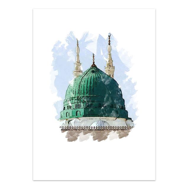 Islamisches Gebäude Moschee Kaaba Leinwand Poster Landschaft Religion Aquarelle Dekorative Malerei Moderne Bilder Wohnzimmer Dekor