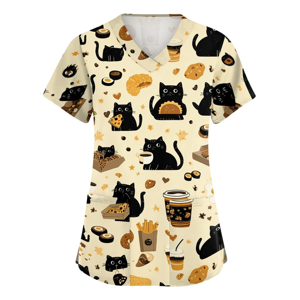 Camicia da Lavoro da Donna con Scollo a V e Maniche Corte con Tasche Stampa Cartone Animato Top da Medico per Professionisti Sanitari Vestibilità Comoda Tessuto Resistente