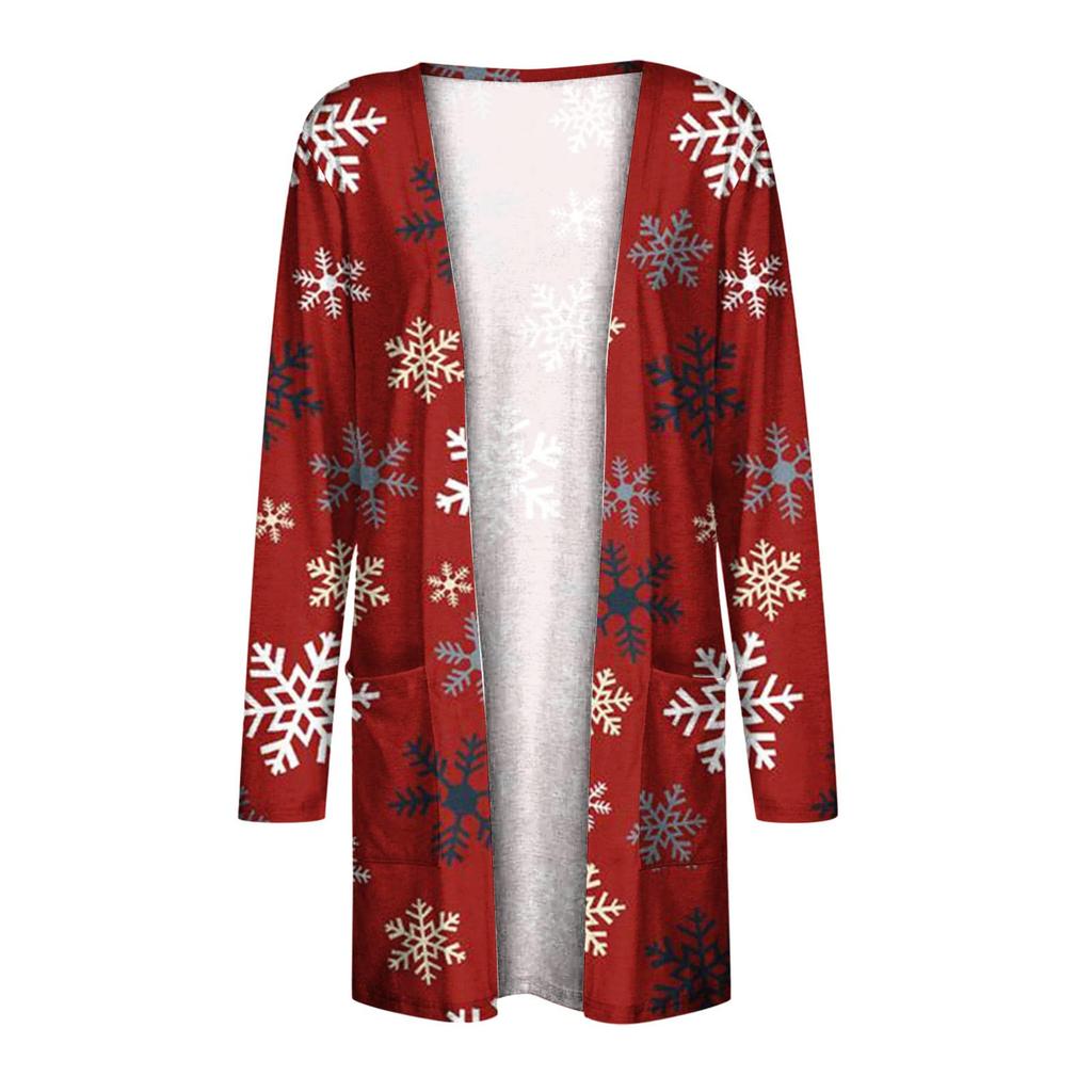 Women's Fashion Loose Casual Pocket Christmas Print Cardigan Jacket Tops