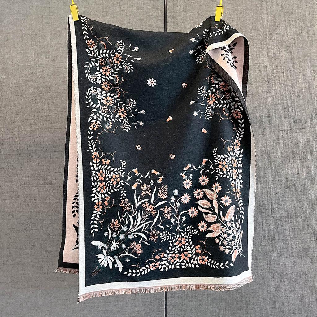 65*185cm Thickened Warm Scarf For Women Luxury Floral Long Tassel Pashmina Shawl Faux Cashmere Warps Autumn Winter Blanket