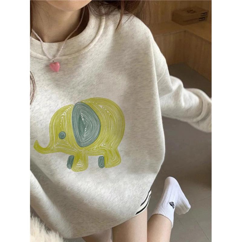 Women's Fleece-Lined Sweatshirt: Cartoon Cat, White & Gray, Long Sleeve, Round Neck, Autumn/Winter 2025 Style