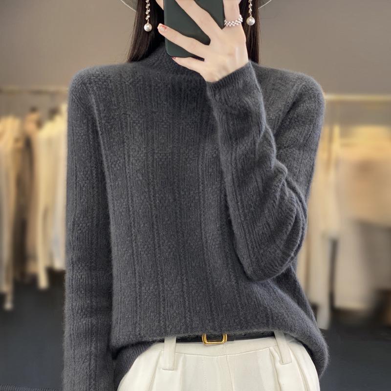 Autumn/Winter Women's High-Quality Jacquard Wool Seamless Knit Sweater - Half-High Collar, Solid Color Fashion Top