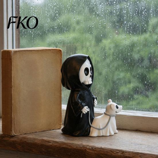 Dark Healing Halloween Figure Grim Reaper & Ghostly Puppy Resin Figurine, Black Robed Skeleton with Cute Unique Spooky Desk Decoration
