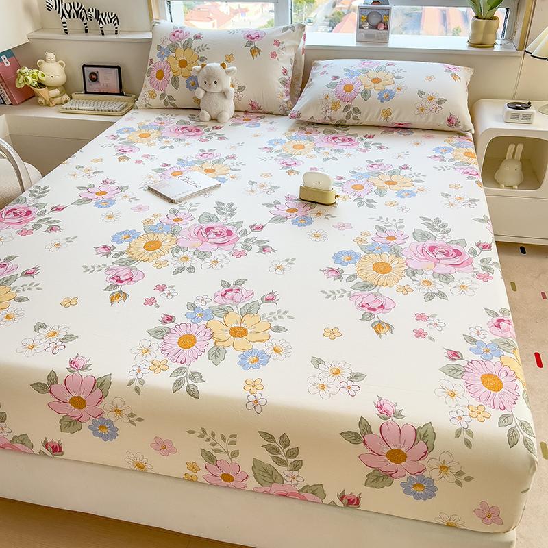 100%Cotton Fitted Bed Sheet Flower Printed Bed Sheet Set Single/Queen/King Pure Cotton Mattress Cover Protector Fitted Sheet
