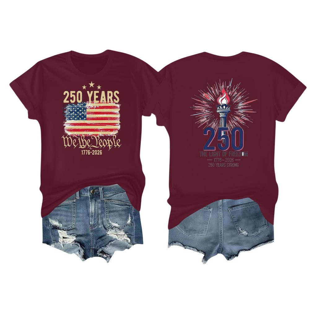 Women's Casual Independence Day 250 Anniversary Printed T-shirt Round Neck Pullover Short Sleeve Top