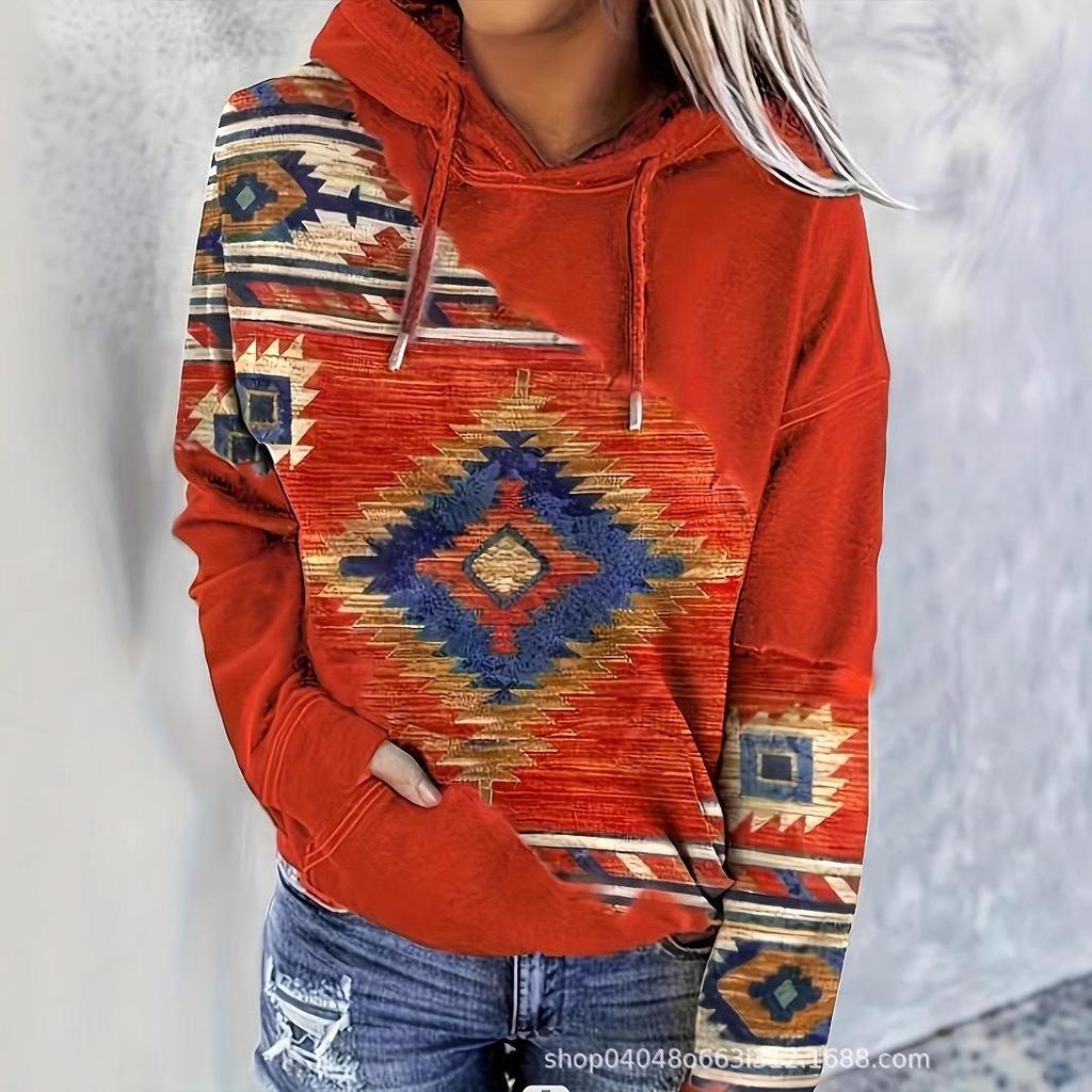 Women's Ethnic Style Retro Print Round Neck Pullover Hoodie