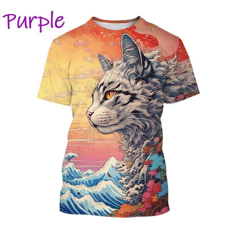 Fashion Japanese Style Ukiyo-e Animal Cat Print T Shirt For Men 3D Harajuku Short Sleeve Crew Neck T-shirt Kid Top Oversized Tee