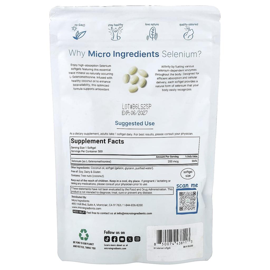 Micro Ingredients Selenium, 200 Mcg, 500 Softgels