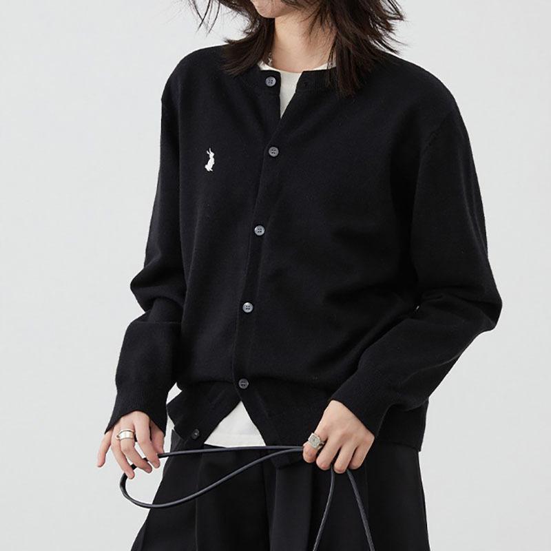 2026 Korean Rabbit Embroidery Knit Cardigan - Solid Color, Simple & Lazy Style Outerwear Top