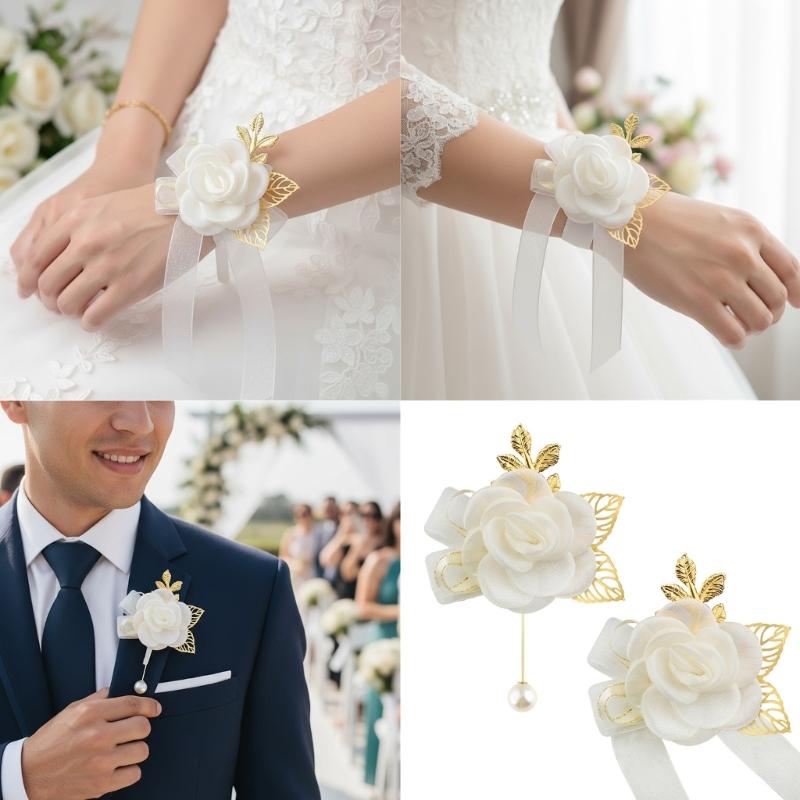 Wedding Boutonniere and Wrist Flower Set Wrist Jewelry For Wedding Ceremony Celebration Bride Groom Dressingup Props