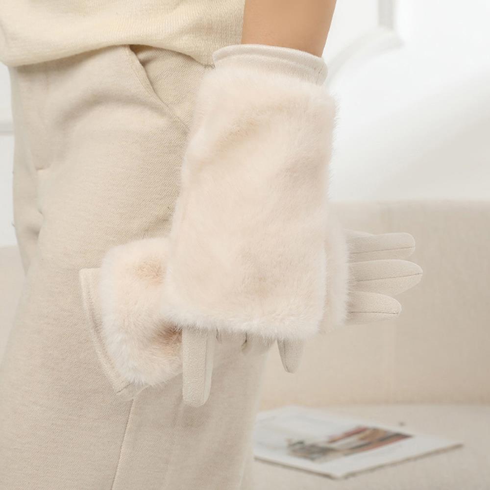 

Winter Thickened Suede Gloves For Women Warm Rabbit Faux Fur Detachable Touch Screen Thermal Lining Gloves Windproof Fur Gloves белый