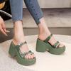 Super high heel muffin wedge heel thick sole one-word slippers women's 2025 summer outer wear high-end bow thick heel sandals