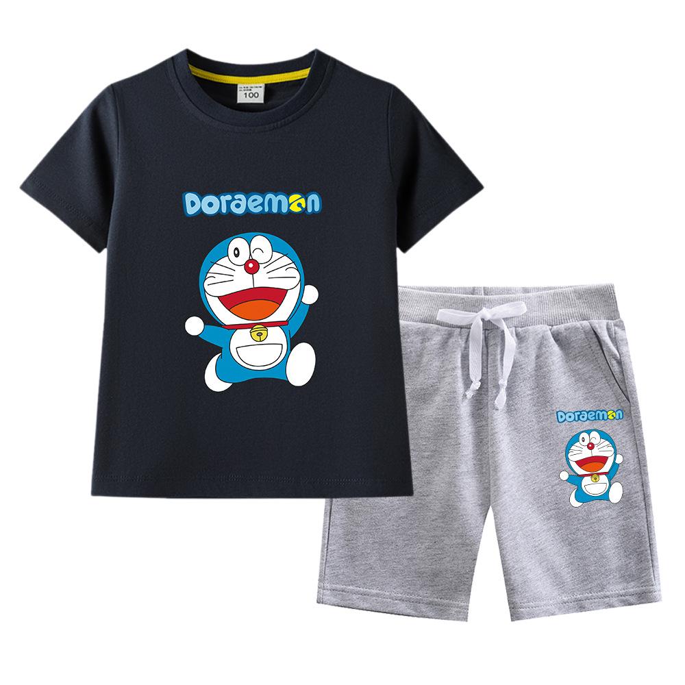 Doraemon Kids' Summer Set: Short-Sleeve T-shirt & Capris for Boys and Girls - Lightweight Casual Two-Piece.