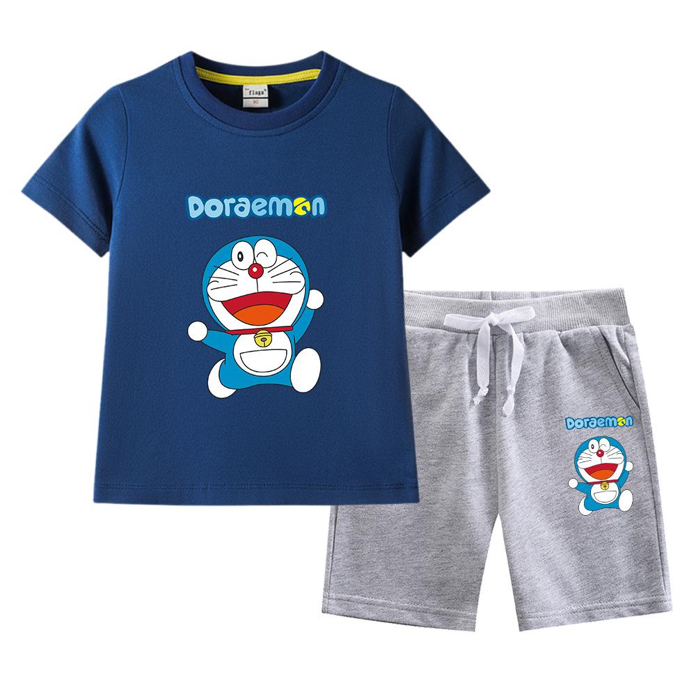Doraemon Kids' Summer Set: Short-Sleeve T-shirt & Capris for Boys and Girls - Lightweight Casual Two-Piece.