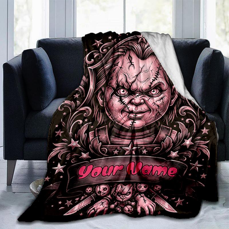 1PC Custom Name Horror Movie Poster flannel blanket versatile,all-season throw suitable for the living room,bedroom,camping,travel,and gift