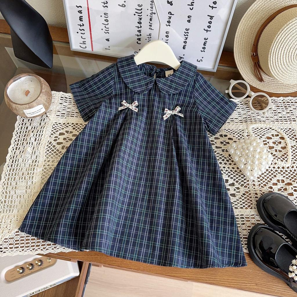 Summer Girls Plaid Dress With Bow Tie Cute Princess Short Sleeve Party Dress For Baby Toddler Children Casual Sundress