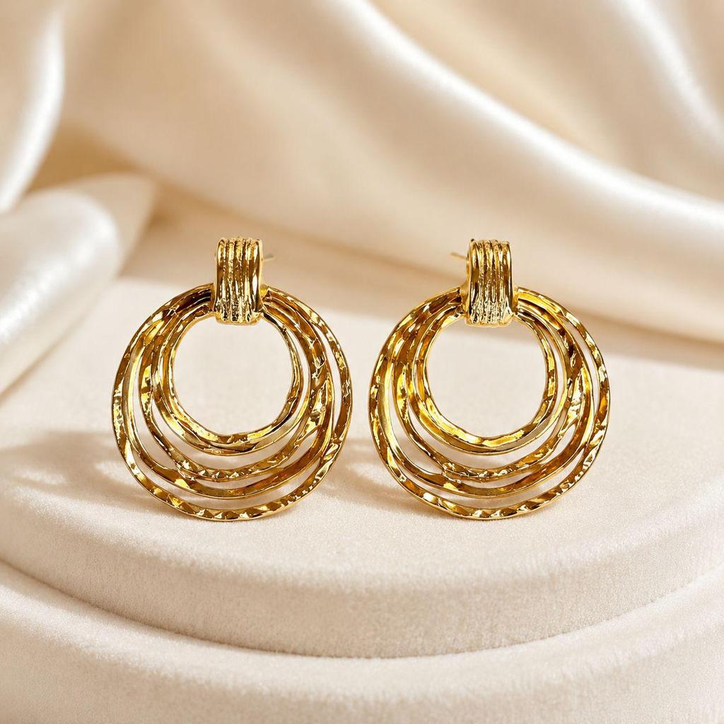 European Retro Gold Multi-line Circle Earrings – High-grade Stainless Steel Luxury Ear Drops