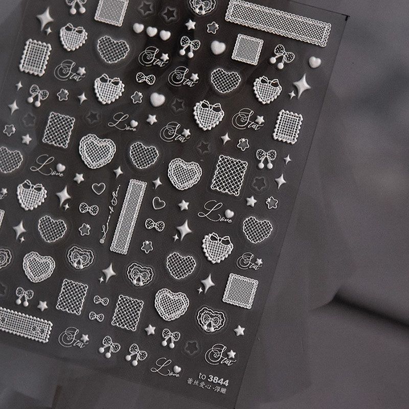 

Pearl White Lace Heart Nail Sticker Tomoni Relief 5D Transparent Star Net Red Nail Sticker Decorations Relief Lace Heart 3844